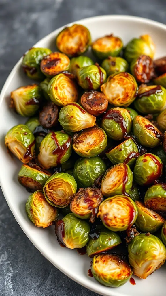 A plate of roasted Brussels sprouts drizzled with balsamic glaze.