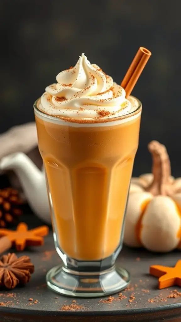 A delicious Pumpkin Pie Smoothie topped with whipped cream and cinnamon.
