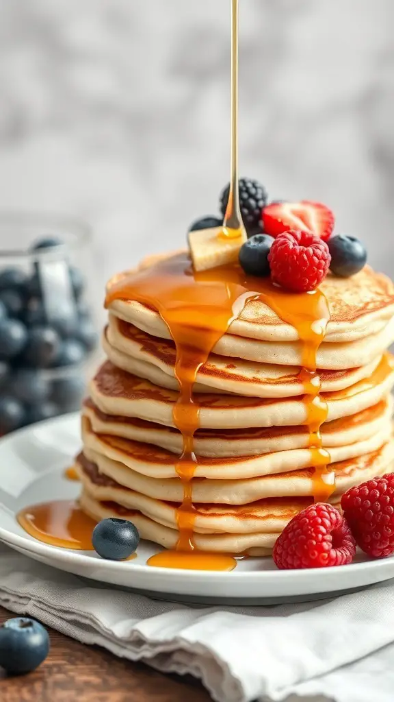 A stack of fluffy pancakes drizzled with maple syrup, topped with fresh berries.