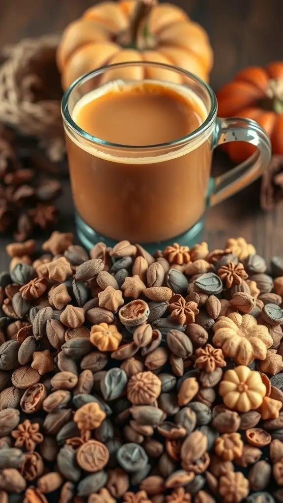 A cozy pumpkin chai latte surrounded by spices and small pumpkins.