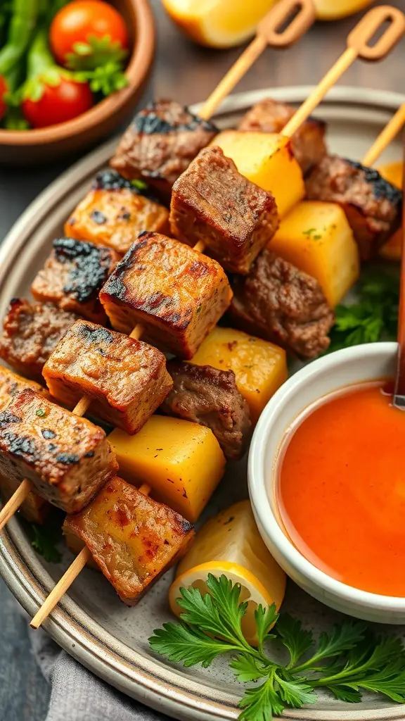 Delicious beef and potato kebabs on skewers, served with a dipping sauce and garnished with fresh herbs.