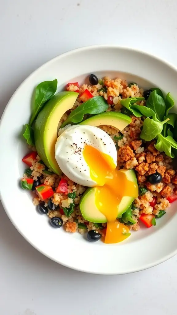 A quinoa breakfast bowl with spinach, avocado, poached egg, and colorful vegetables.