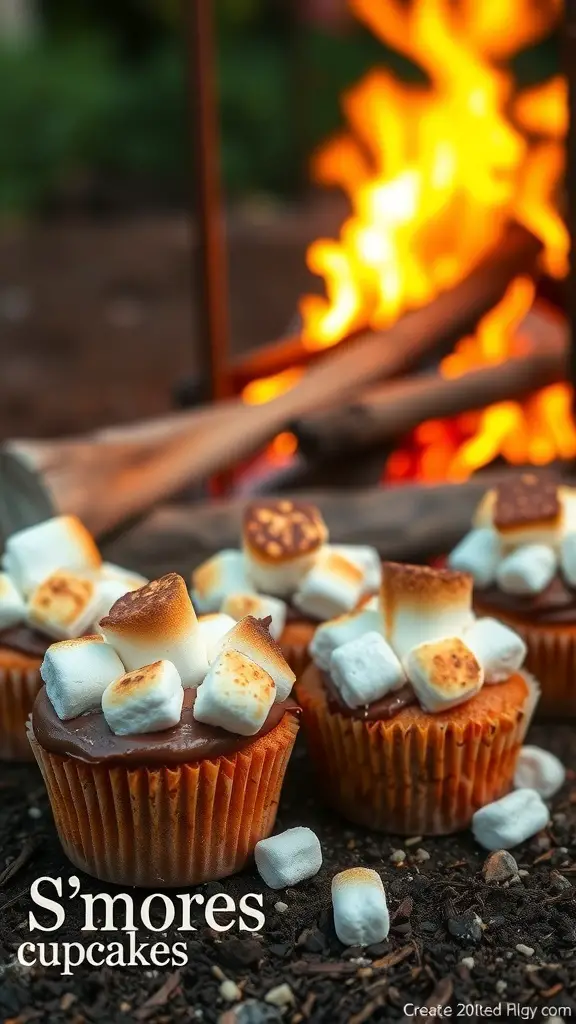 S'mores cupcakes with toasted marshmallows on top, in front of a campfire.