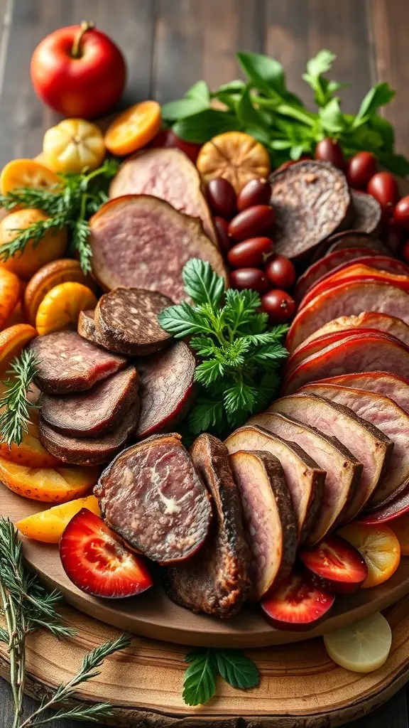 A beautifully arranged charcuterie board featuring various meats and garnishes.