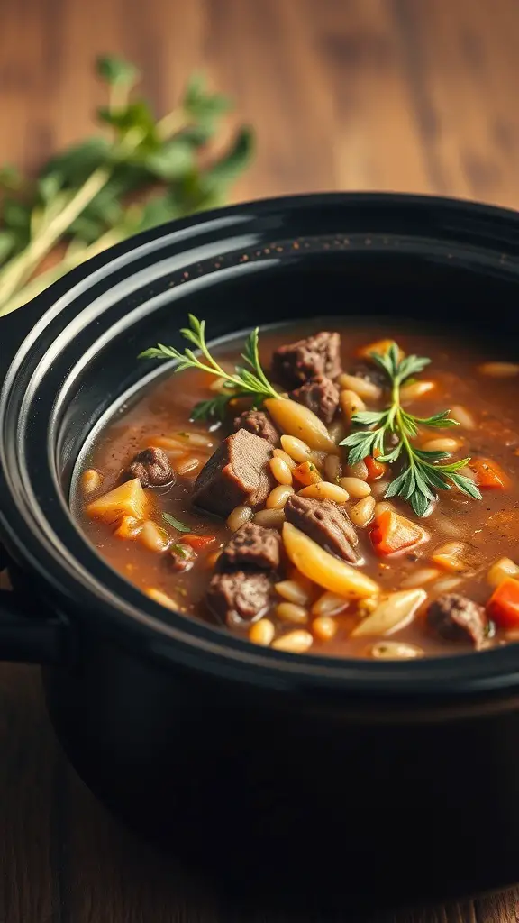 A bowl of Classic Beef and Barley Soup in a black crock pot, featuring chunks of beef, barley, and vegetables.