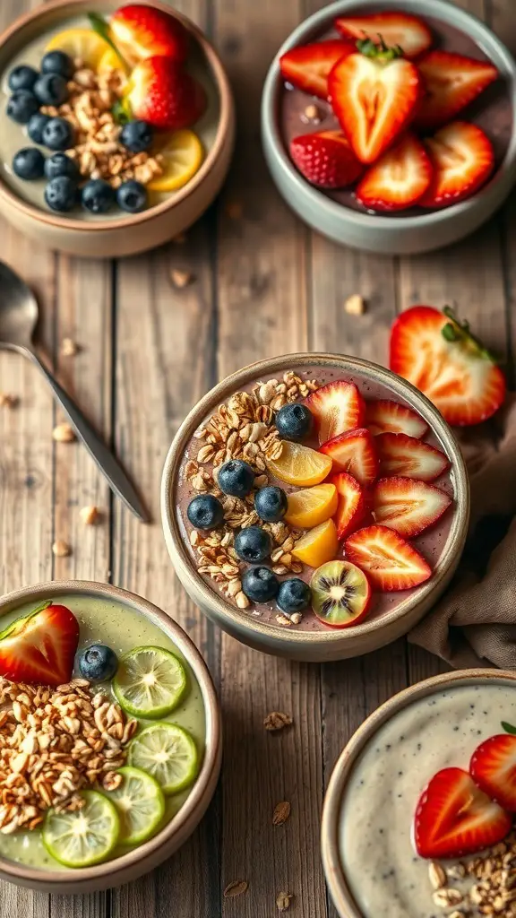 Colorful smoothie bowls topped with granola and fresh fruit on a wooden table.