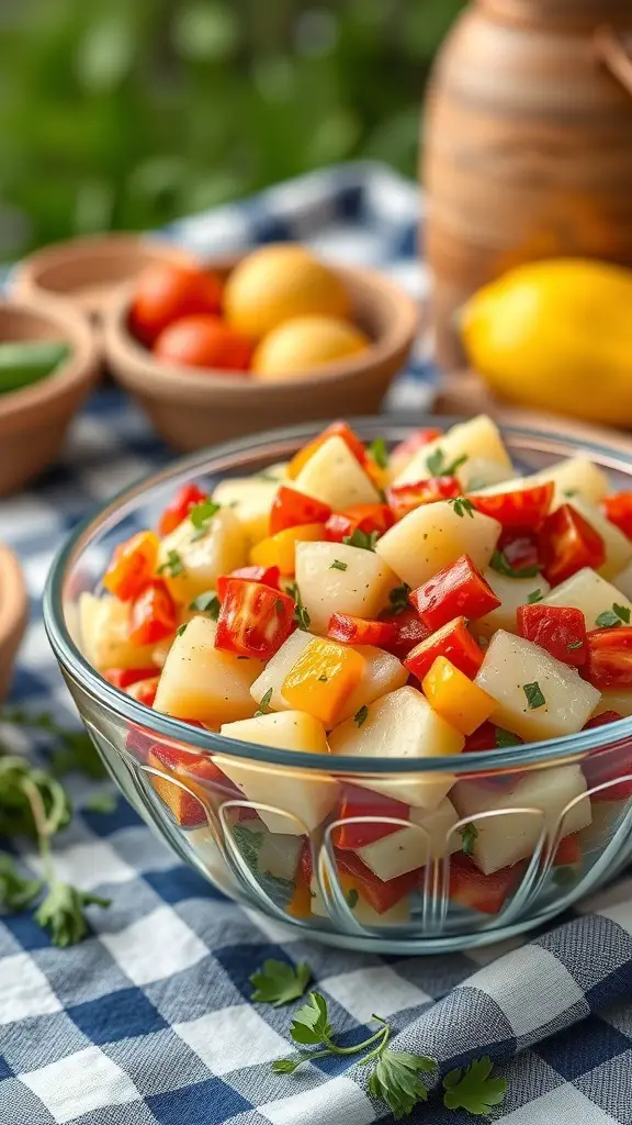 A bowl of colorful Dijon Mustard Potato Salad with diced potatoes and bell peppers, surrounded by fresh ingredients.