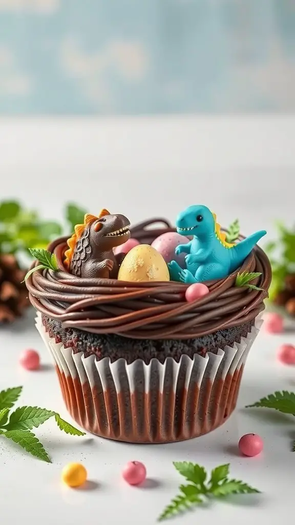 A chocolate cupcake decorated as a dinosaur egg nest with colorful candy eggs and toy dinosaurs.