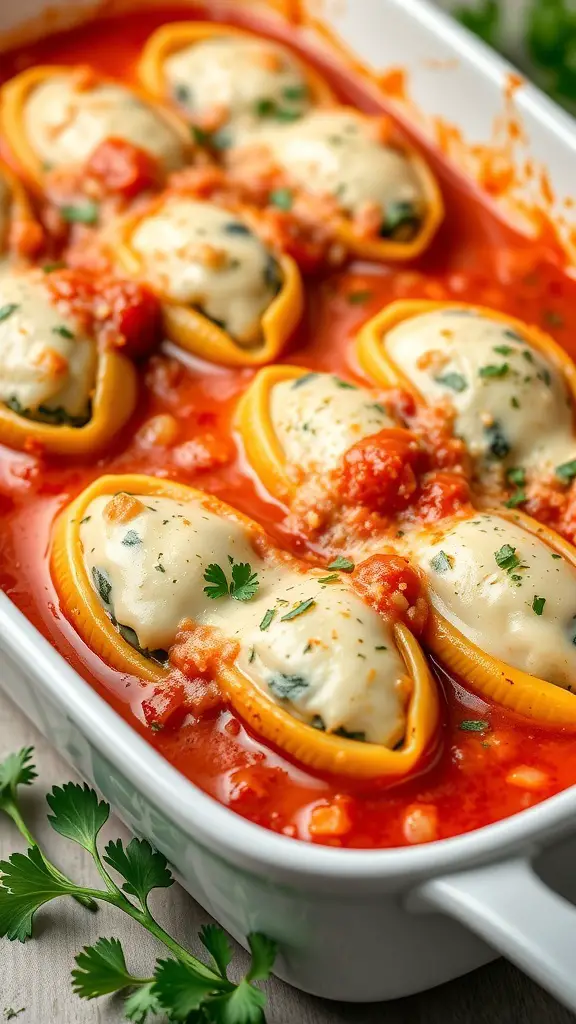 A baking dish filled with spinach and cheese stuffed shells in tomato sauce, garnished with parsley.