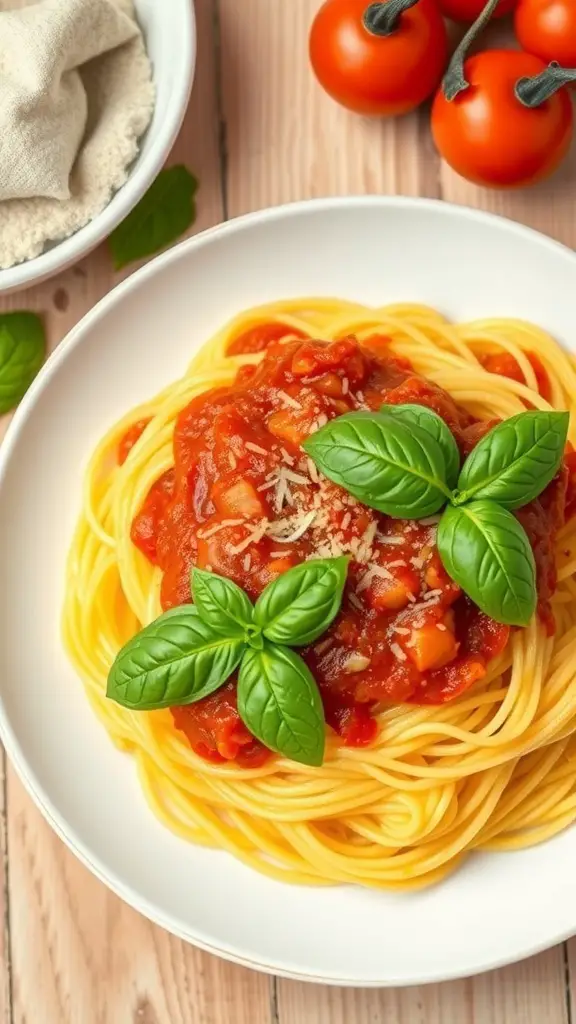 A plate of spaghetti squash topped with marinara sauce and fresh basil leaves.