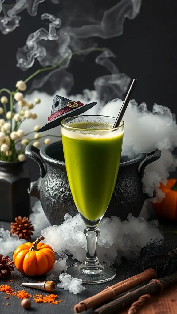 A vibrant green smoothie in a tall glass with a mini witch's hat on top, surrounded by Halloween decorations.