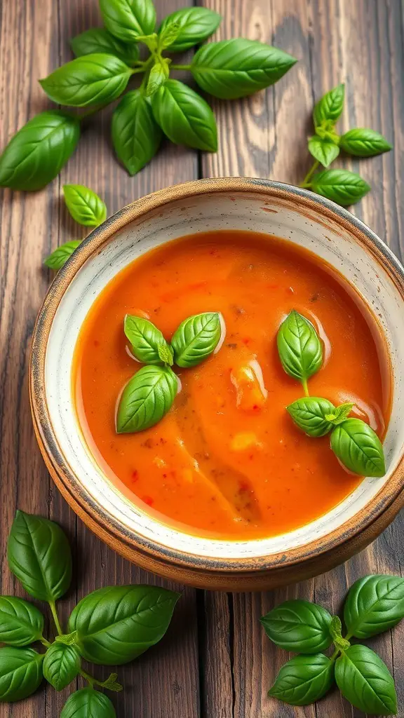 A bowl of creamy tomato basil soup garnished with fresh basil leaves, surrounded by basil leaves on a wooden table.