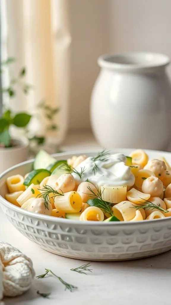 A bowl of Cucumber Dill Pasta Salad with yogurt dressing, featuring pasta, cucumbers, and fresh dill.