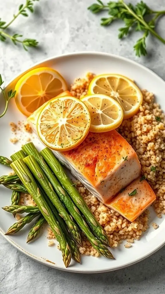 Baked salmon with asparagus and quinoa on a plate, garnished with lemon slices.