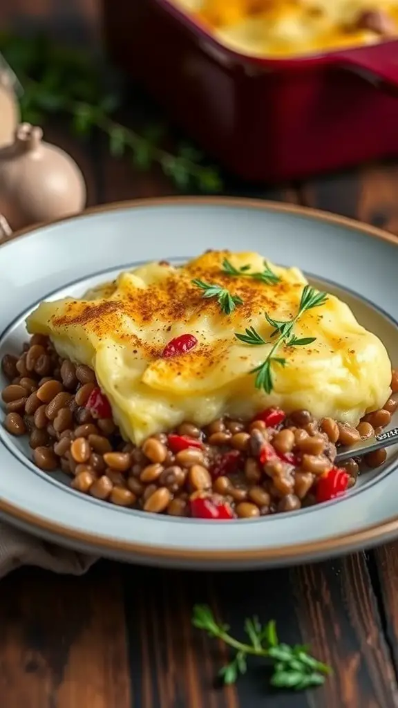 A plate of Savory Lentil Shepherd's Pie with a creamy potato topping and lentil filling.