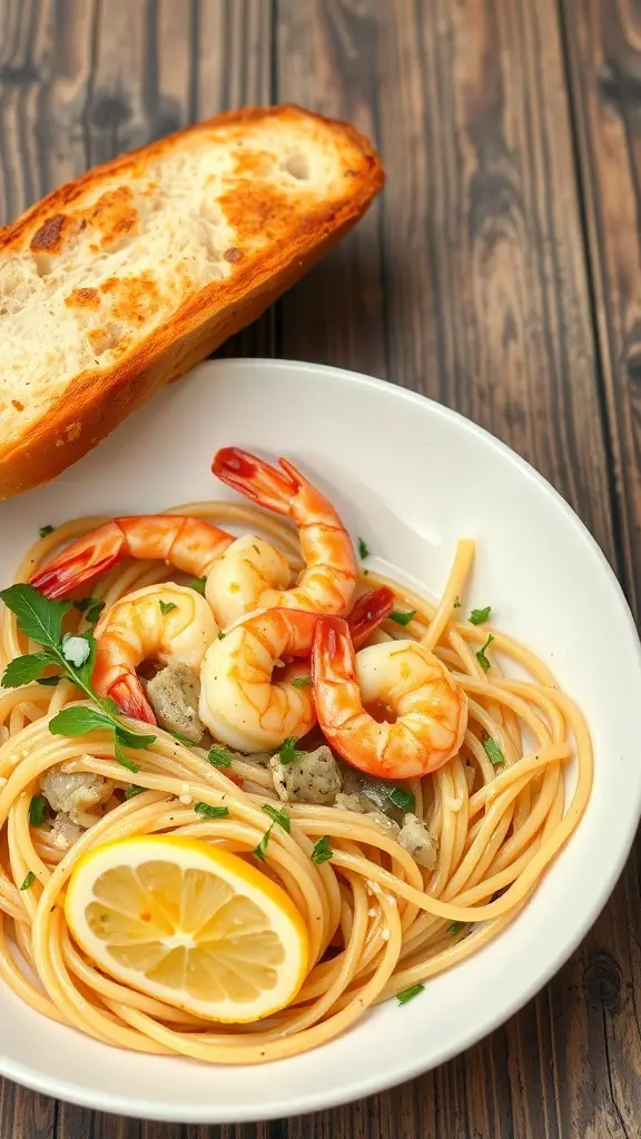 A plate of Lemon Garlic Shrimp Linguine with shrimp, lemon slice, and toasted bread.