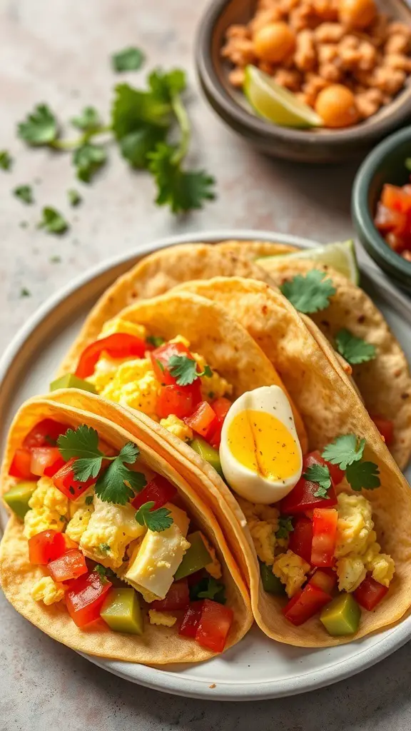A plate of breakfast tacos filled with scrambled eggs, diced tomatoes, green peppers, and topped with a boiled egg and cilantro.