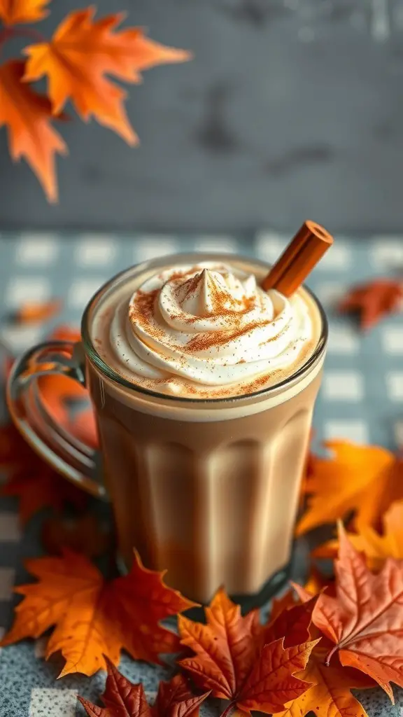 A delicious pumpkin spice latte topped with whipped cream and cinnamon, surrounded by autumn leaves.