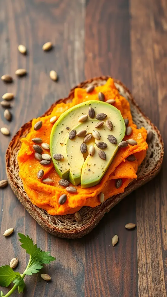 A slice of toast topped with mashed sweet potato, avocado slices, and pumpkin seeds on a wooden surface.