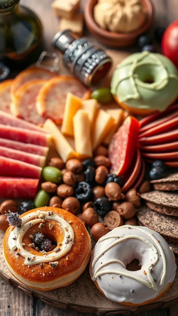 A gourmet donut charcuterie board featuring unique flavored donuts, cheeses, cured meats, and fresh fruits.