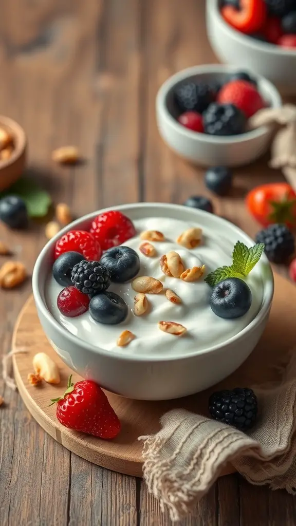 A bowl of Greek yogurt topped with fresh berries and nuts on a wooden surface.