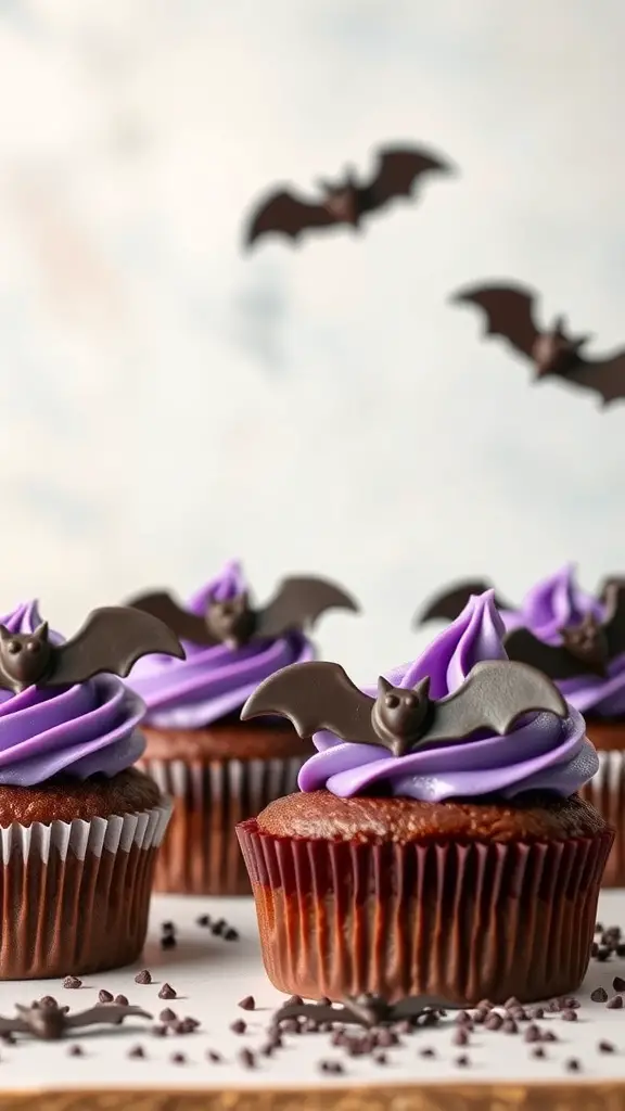 Batty Chocolate Cupcakes with purple frosting and chocolate bat decorations