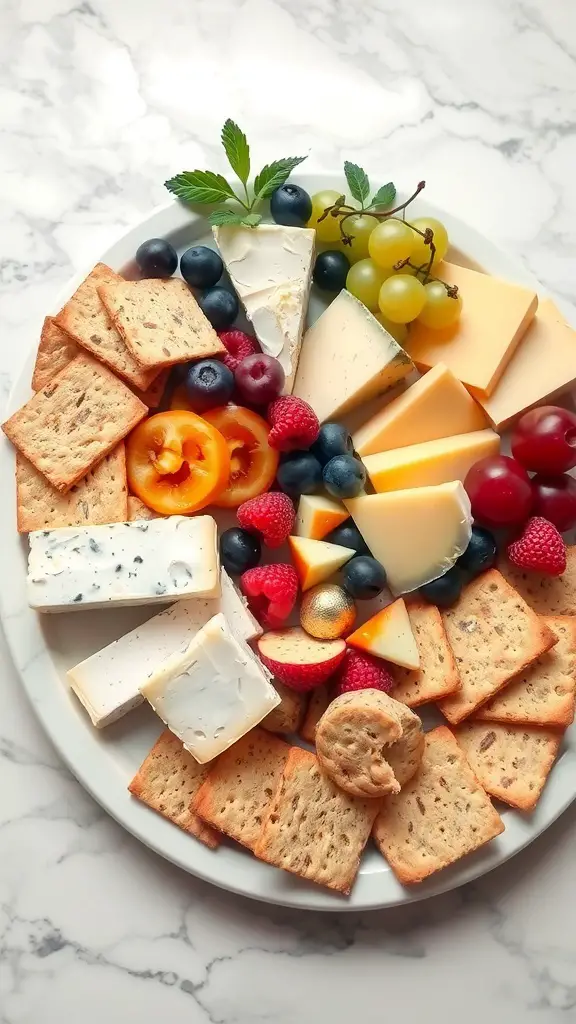 A beautifully arranged gourmet cheese selection on a platter with fruits and crackers.