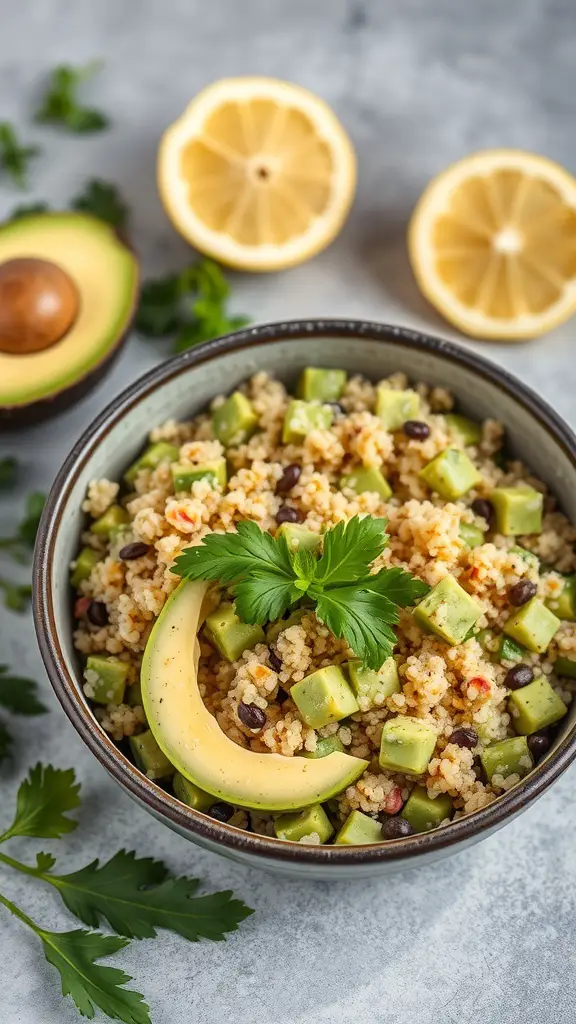 A bowl of creamy avocado and quinoa salad with black beans and parsley, surrounded by lemon halves and fresh ingredients.