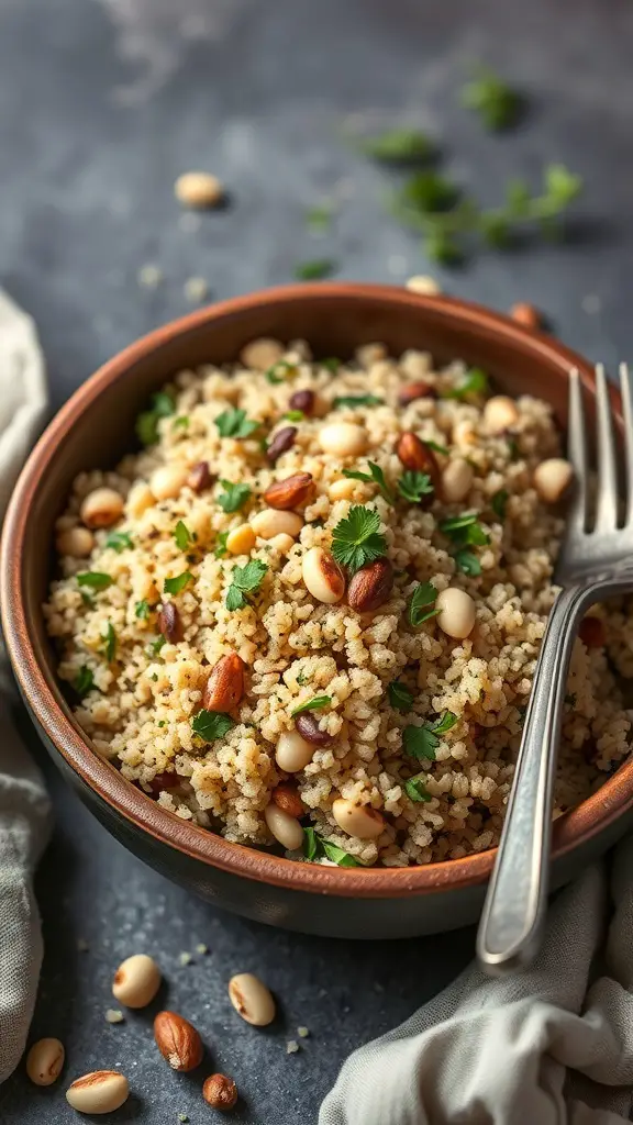 A bowl of herbed quinoa pilaf garnished with nuts and herbs.