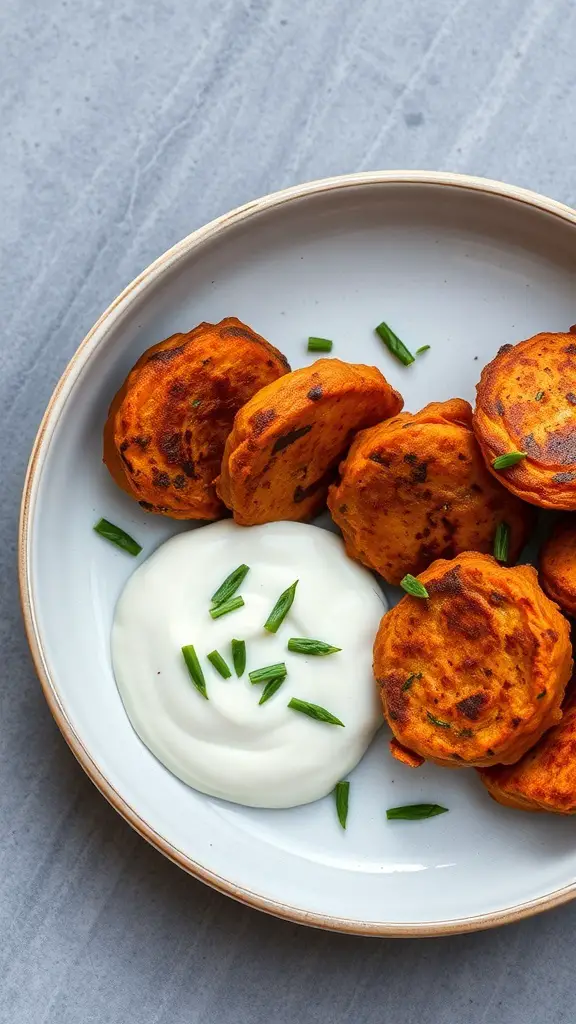 A plate of sweet potato fritters with a yogurt dip, garnished with green herbs.