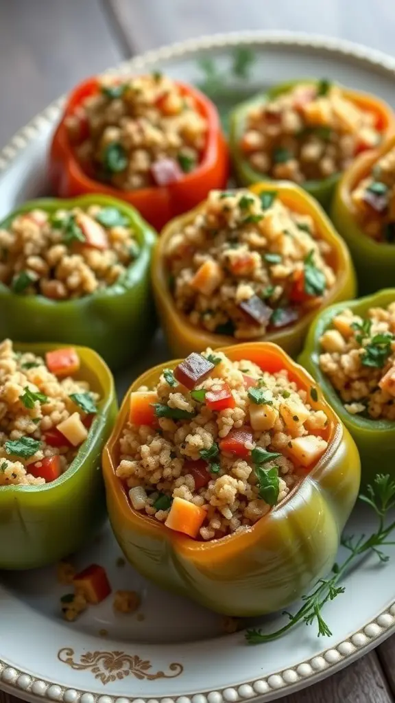 A plate of stuffed green tomatoes filled with quinoa and vegetables.