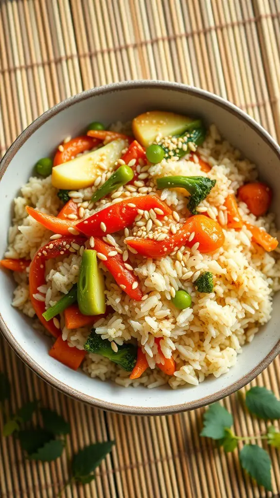 A bowl of cauliflower rice stir-fry with colorful vegetables and sesame seeds.