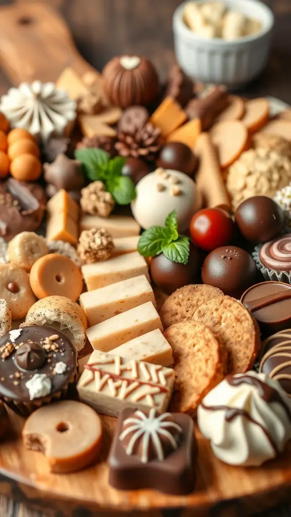 A beautifully arranged wedding charcuterie board featuring an assortment of sweet treats including chocolates, cookies, and candies.