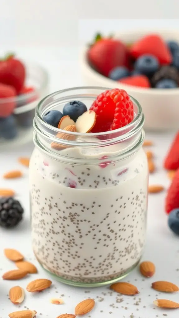 A jar of chia seed pudding topped with berries and almonds, with additional berries in the background.