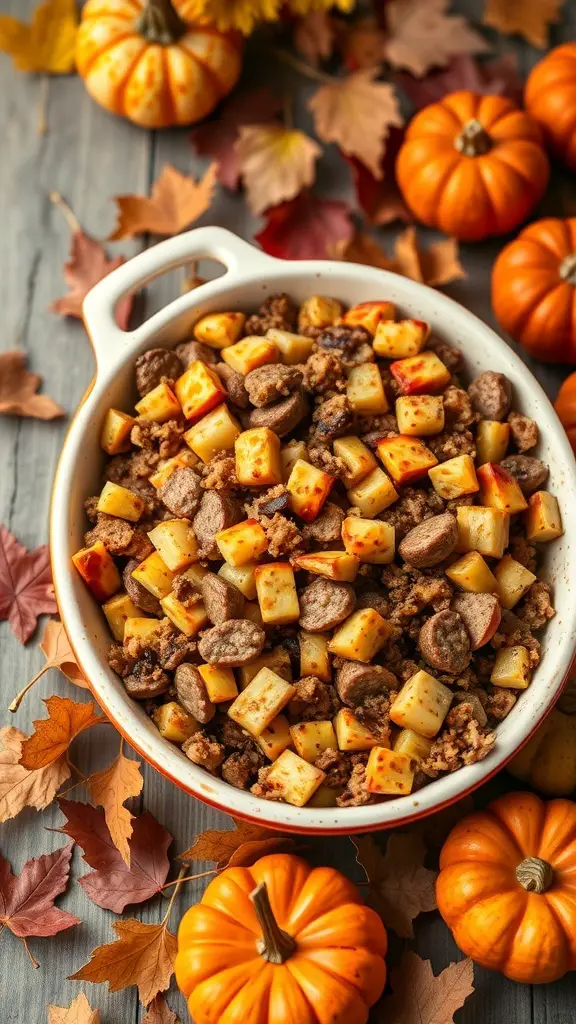 A bowl of warm apple and sausage stuffing surrounded by autumn leaves and pumpkins.