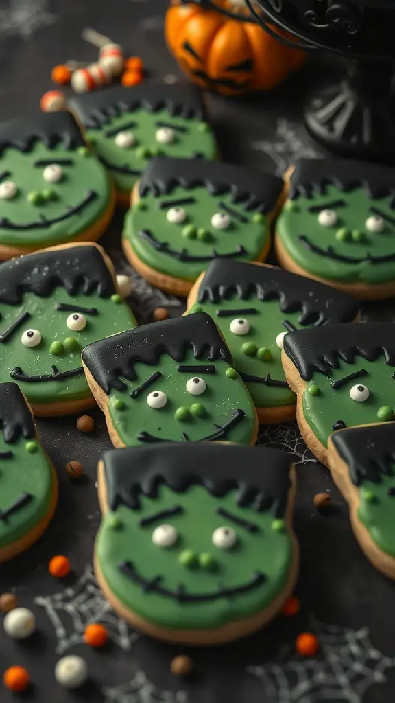 Decorated Frankenstein's Monster cookies with green icing and black hair