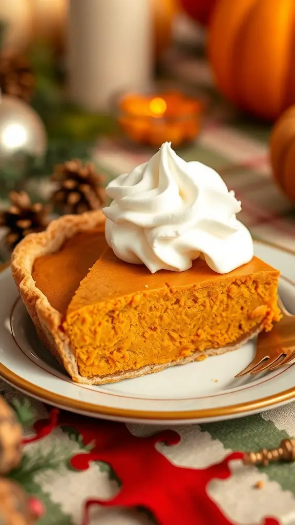 A slice of rich and creamy pumpkin pie topped with whipped cream on a plate, surrounded by festive decorations.