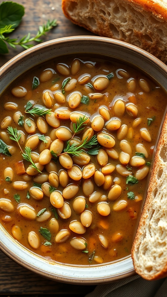 A bowl of mild lentil soup with herbs and a slice of bread