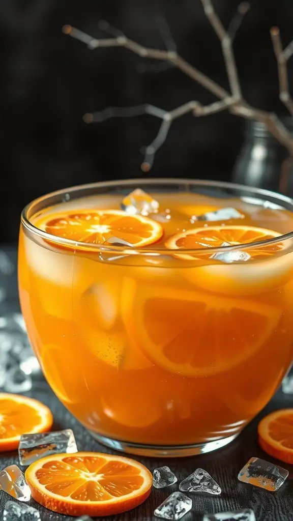 A bowl of spooky citrus punch with orange slices and ice, perfect for Halloween.