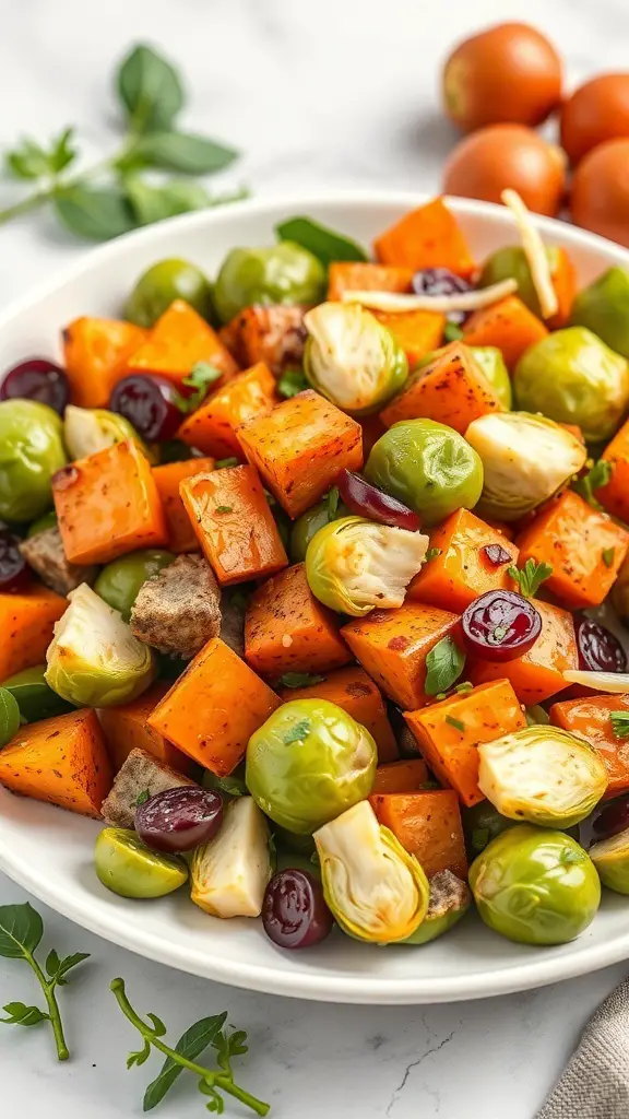 A colorful salad featuring roasted sweet potatoes, Brussels sprouts, grapes, and mixed greens.