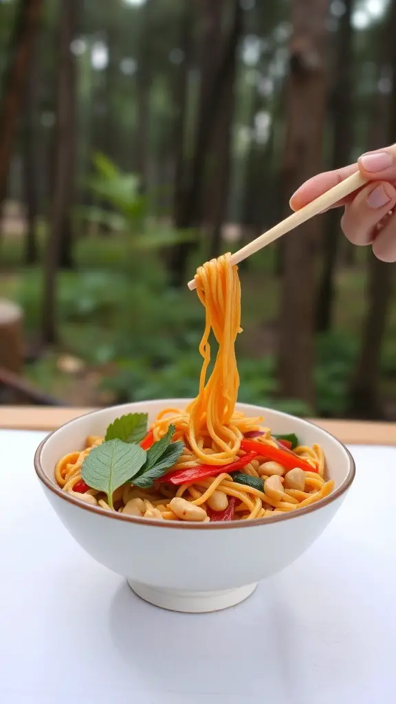 A bowl of Spicy Thai Peanut Noodles with chopsticks, surrounded by greenery.
