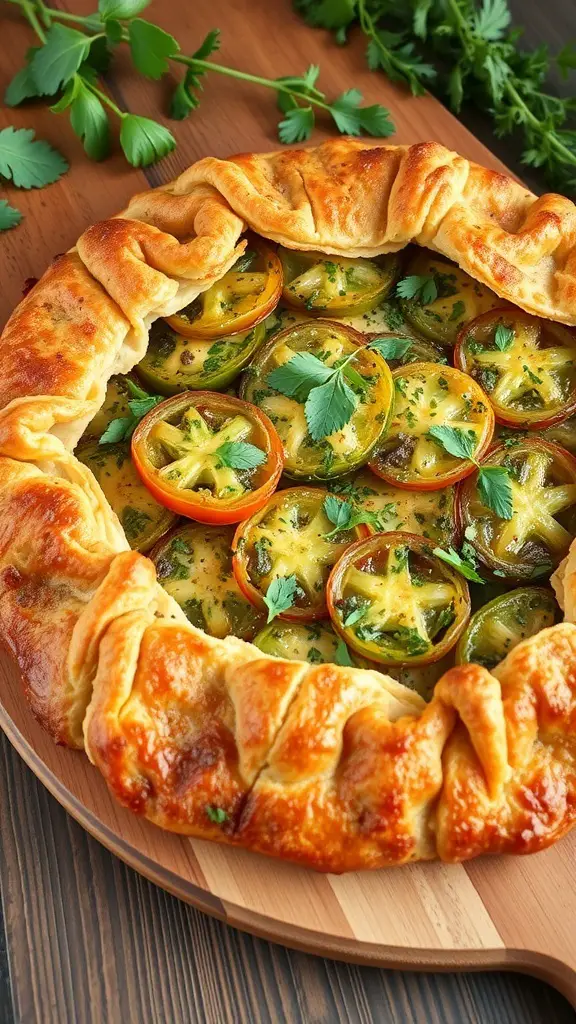 A savory green tomato galette with a golden crust and vibrant green tomato filling, garnished with herbs.