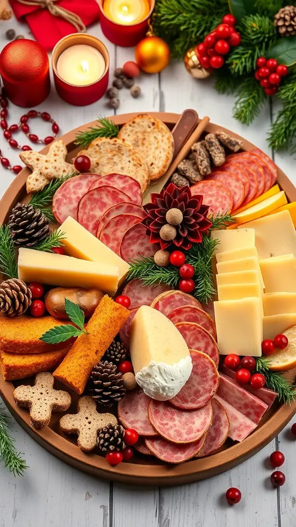 A beautifully arranged holiday charcuterie board with meats, cheeses, and festive decorations.