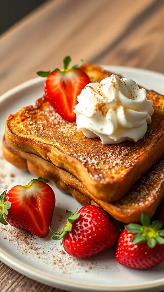 Plate of French toast topped with whipped cream and strawberries