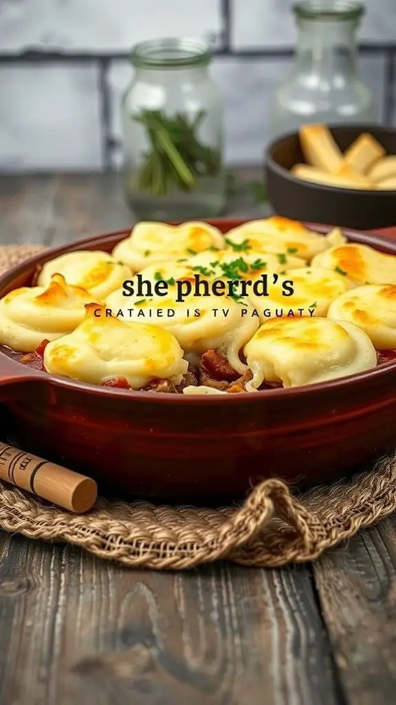 A delicious Shepherd's Pie topped with creamy mashed potatoes, ready to be served.