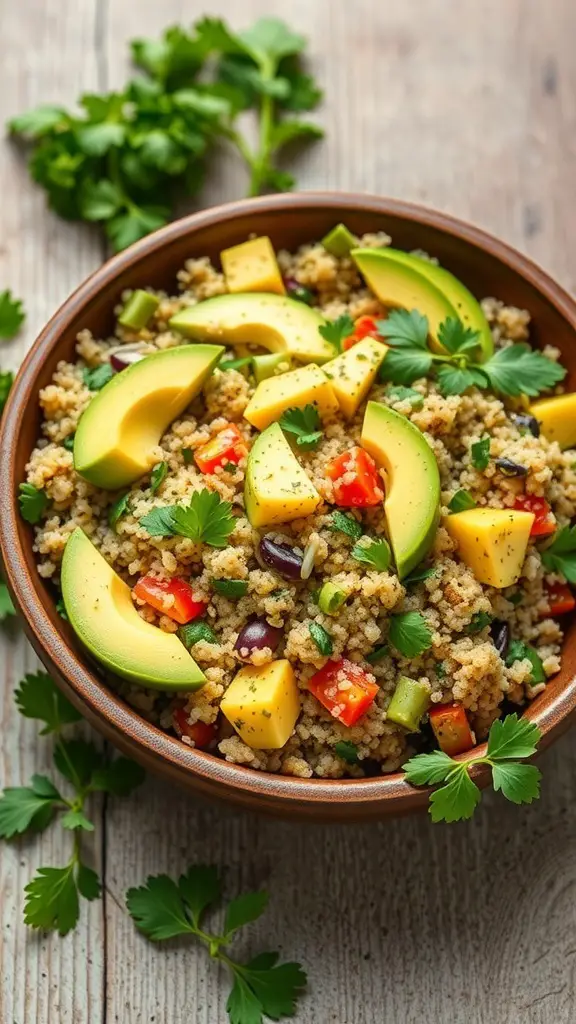 A bowl of creamy avocado and quinoa salad with colorful vegetables and herbs.