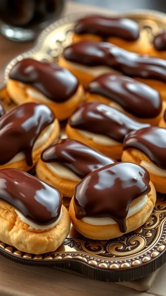A close-up of mini eclairs topped with chocolate glaze on a decorative platter.