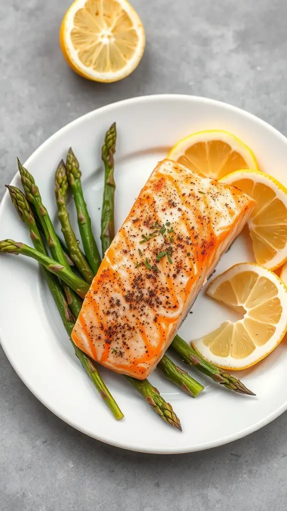 Baked salmon fillet served with asparagus and lemon slices on a white plate.