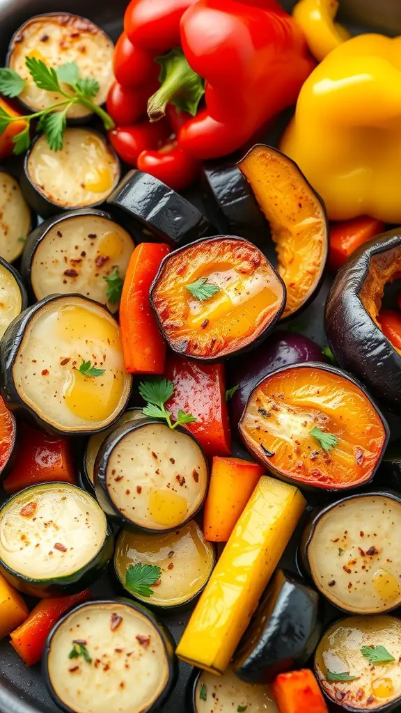 A colorful Mediterranean roasted vegetable platter featuring eggplant, bell peppers, zucchini, and squash.
