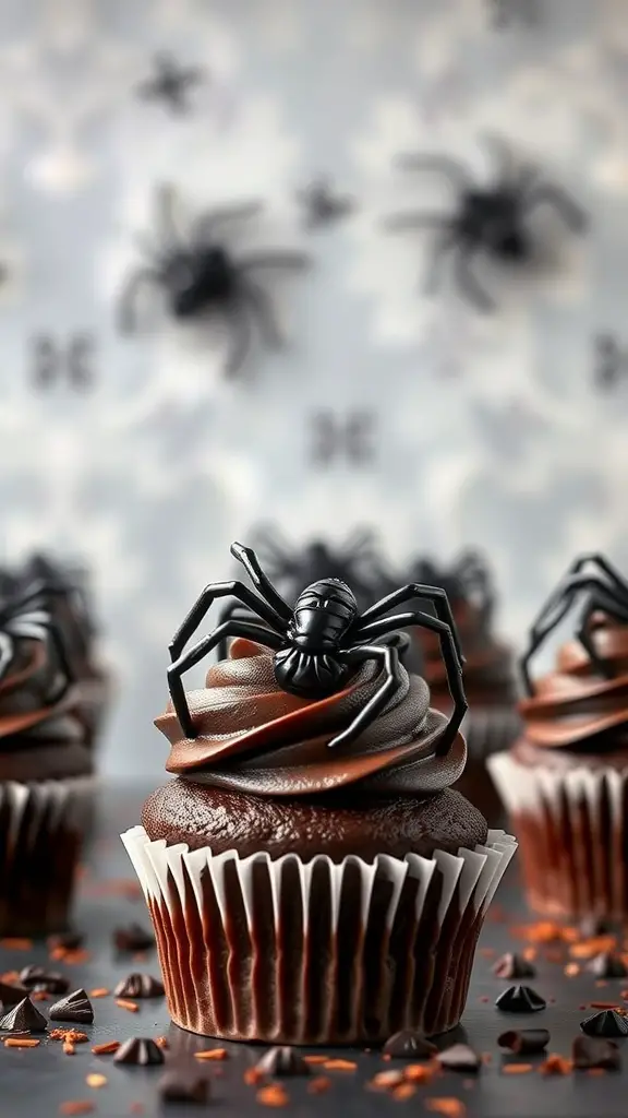 Chocolate cupcakes with spider toppers
